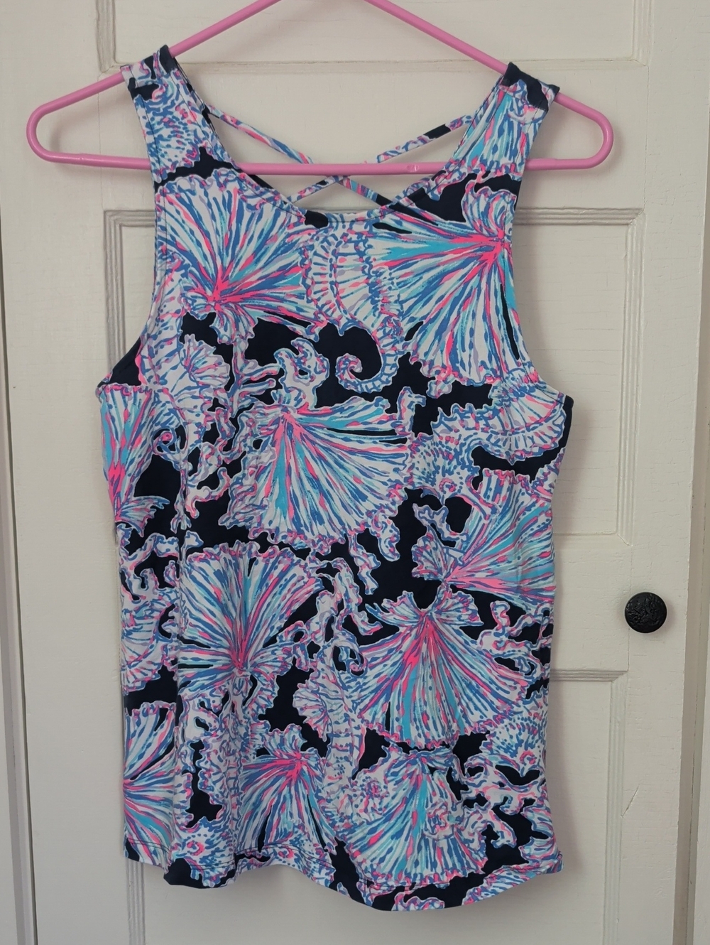 Lilly Pulitzer XS Top Tank Cape Cod Tropical Seashell Seahorse Crisscross